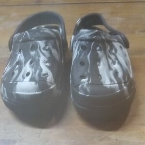 CROCS Kids Marble Black and White Slip-On Clogs with Heel Strap